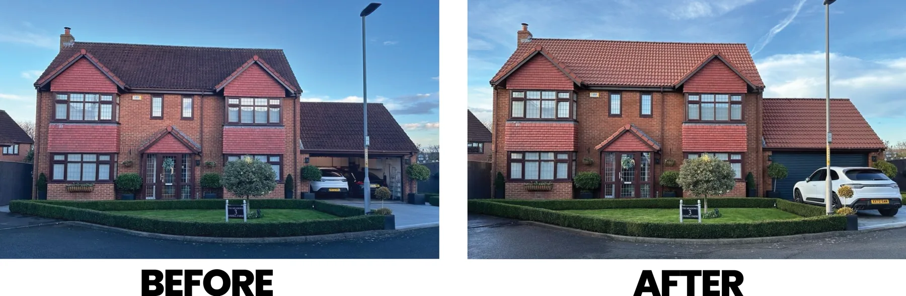 Before and after roof clean of a detached house in East Yorkshire, moss and algae removed from the tiles